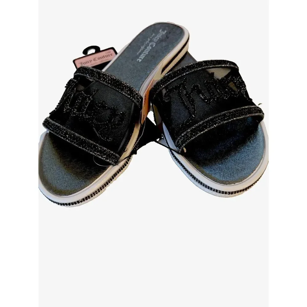 Juicy Couture Women's Black Glitter Logo Slip On Slide Sandals Size 10